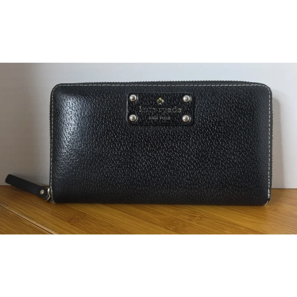 Kate Spade Black / Pink Zip‎ Around Neda Pebbled Leather Wallet/ Purse/Clutch